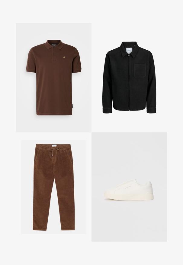 Sort lynlåsjakke med krave og en enkelt brystlomme, vist på hvid baggrund.; Brun polo-shirt i bomuldsstof med korte ærmer, tre-knaps lukning og et lille gult logo på brystet. Simpelt design.; Pier One Bukser - brown; Hvide slip-on sneakers med en struktureret overflade, en tyk sål og et minimalistisk design. Har brandlogoet på siden.