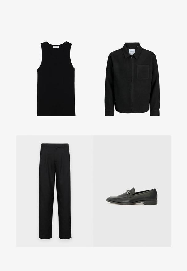 Musta vetoketjullinen takki, jossa on kaulus ja yksi rintatasku, esitelty valkoista taustaa vasten.; Musta ribbenne tankkitoppi ilman hihoja, pyöreä pääntie ja sileä pinta. Tunnistusmerkki "PIER ONE" kauluksen lähellä.; Mustat housut, jotka on valmistettu sileästä kankaasta, suoran lahkeen muotoilulla, kahdella etupleekillä ja tavanomaisella vyötäröllä, jossa on vyölenkit.; Musta nahkakengät, joissa on sileä pinta, koristeelliset ompeleet ja metalliketjun yksityiskohta kengän päällä. Littee korko.