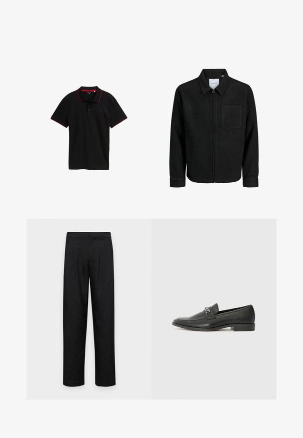 Mustaga lukuga jakker, millel on krae ja üks rinna-tasku, esitatud valgel taustal.; Musthave musta polo särk, millel on tekstureeritud kangas, punane krae ja varrukate detailid, kolme nupuga esiosa, lühikesed varrukad ja ilma nähtavate mustriteta.; Mustad mustadest riietest, millel on sirge jalgade disain, kaks eesmist voltimist ja tavaline vöökoht, millel on vöökohad.; Must haveate nahkking punased, millel on sile viimistlus, tikitud muster ja dekoratiivne metallkett vampi üle. Tasane konts.