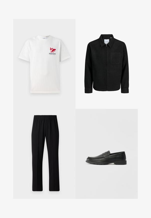 Mustaga lukuga jakker, millel on krae ja üks rinna-tasku, esitatud valgel taustal.; Valge puuvillane T-särk, mille vasakul rinnal on punane kauboi ja hobuse graafika ning selle kujundi all tekst "RODEO DAYS".; Mustad, elastse puusärgid sirge säärega, mis on sileda tekstuuriga ja ilma nähtavate mustrite või riistadega.; Musthave nahkkingad siledast nahast, mokassiini stiilis ülevalt, tikanditega ja kummist tallaga. Klassikaline disain madala kontsaga.