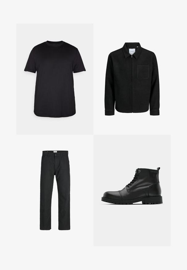 Musta vetoketjullinen takki, jossa on kaulus ja yksi rintatasku, esitelty valkoista taustaa vasten.; Musta lyhythihainen T-paita, joka on valmistettu pehmeästä puuvillasta. Paitassa on pyöreä kaula-aukko ja väljää istuvuutta, eikä siinä ole näkyviä kuvioita tai koristeita.; Mustat housut kestävästä kankaasta, suorat lahkeet, ommeltuja yksityiskohtia ja kaksi etutaskua toiminnallisuutta varten.; Musta nahkasaappaat nilkkamittaisella, pyöreällä kärjellä, nauhakiinnityksellä, kontrastoivilla harmailla silmukoilla ja karkealla kumipohjalla. Sujuva pinta, jossa on vain vähän korostuksia.