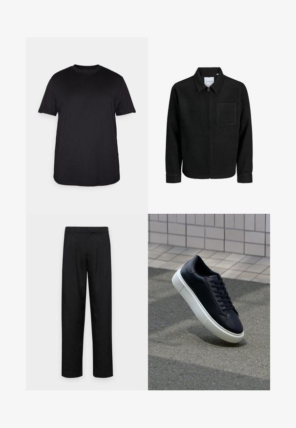 Fekete, zipzáros dzseki gallérral és egyetlen mellzsebbel, fehér háttéren.; Fekete, rövid ujjú póló, puha pamutból készült, kerek nyakkivágással és laza szabással, látható minták vagy díszítések nélkül.; Fekete nadrág sima anyagból, egyenes szárú fazonnal, két elülső redővel és közönséges derékkal, övhurkokkal.; Fekete bőr sportcipő lekerekített orral és fehér gumitalppal. Lapos fűzőkkel és minimális varrásokkal rendelkezik a felsőrészén. Mintás talp a tapadásért.