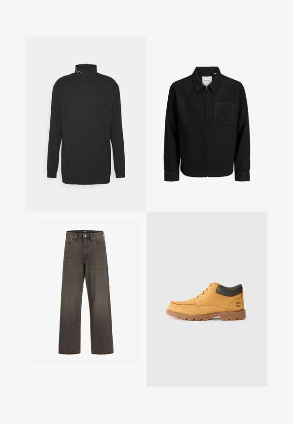 Črna jakna z zadrgo in ovratnikom ter enim žepom na prsih, prikazana na beli podlagi.; Črna dolgobojna turtleneck majica iz bombaža, z visokim ovratnikom in majhnim logotipom na predelu vratu. Gladka tekstura.; Široke hlače iz temno sive denim tkanine, s wysokim pasom, klasičnim pet-pocket dizajnom in kontrastnim šivom ob šivih.; Rumene usnjene čevlje s svetlo rjavim gumijastim podplatom, okroglim nosom in zelenim usnjenim detajlom na gležnju. Opremljeni so z zlatimi luknjicami in šivi.