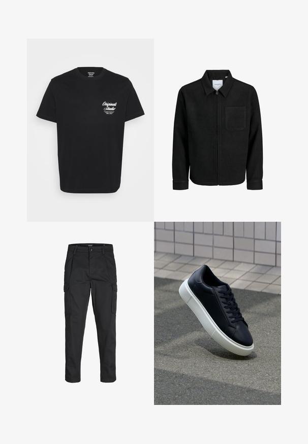 Musta vetoketjullinen takki, jossa on kaulus ja yksi rintatasku, esitelty valkoista taustaa vasten.; Musta puuvillainen T-paita, jossa on pyöreä kaula-aukko, lyhyet hihat ja valkoista tekstiä vasemmassa rinnassa. Yksinkertainen muotoilu ilman lisäkuvioita.; Mustat cargo-housut, jotka on valmistettu kestävästä kankaasta. Housuissa on useita taskuja, nappisulku ja kapea istuvuus, jossa on kapenevat lahkeet.; Mustat nahkakengät, joissa on pyöristetty kärki ja valkoinen kumipohja. Varusteena litteät nauhat ja minimaalinen ommel ylhäällä. Teksturoitu pohja pitävyyden lisäämiseksi.