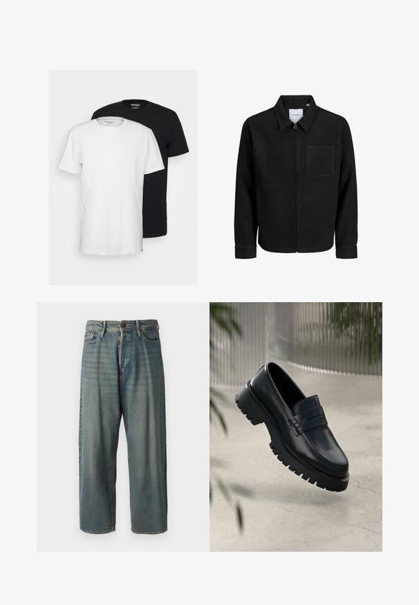Melna jaka ar rāvējslēdzēju un apkakli, vienu krūšu kabatu, parādīta uz baltas fona.; Divas kokvilnas T-krekli, viens balts un otrs melns, ar klasisku apaļu kakla dizainu. Abiem ir īsas piedurknes un brīvs piegriezums.; Gaiši zili džinsi ar brīvu piegriezumu, vidējo jostas augstumu un taisnām kājām. Satur piecas kabatas, jostas cilpas un pogu aizdari.; Melni ādas loafers ar masīvu protektora zoli, ar dekoratīvu siksnu un šuvuma detaļām. Gluda tekstūra ar spīdīgu apdari.