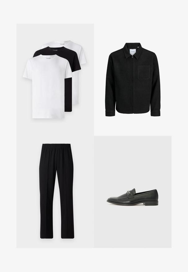 Fekete, zipzáros dzseki gallérral és egyetlen mellzsebbel, fehér háttéren.; Három alap környakú póló: fehér, fekete és fehér. Rövid ujjú, pamut anyagból készült, minimalista dizájn, látható minták vagy díszítések nélkül.; Fekete, gumíros derekú nadrág egyenes szabással, sima felülettel, látható minták vagy fémrészek nélkül.; Fekete bőr loaferek sima felülettel, varrott mintával és díszítő fém lánccal a cipő elején. Lapos sarok.