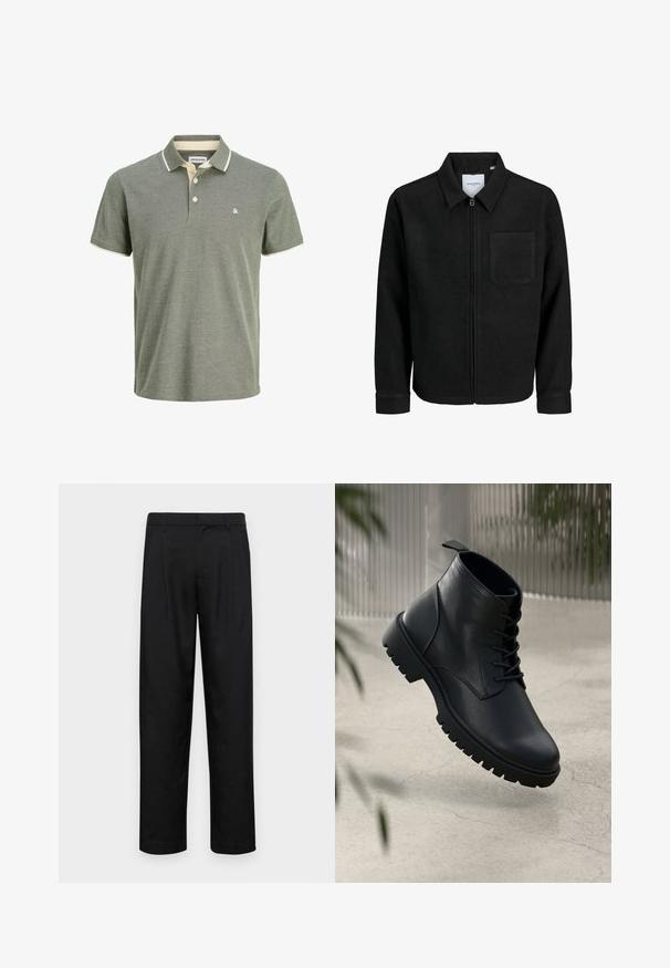 Crna jakna na zip s ovratnikom i jednim džepom na prsima, prikazana na bijeloj pozadini.; Zelena polo majica s teksturiranim materijalom, s ovratnikom u krem boji, dvostrukim gumbima i malim logotipom na prsima.; Crne hlače od glatkog materijala, s dizajnom ravnih nogavica, dva prednja nabora i standardnim pojasom s petljama za remen.; Crne kožne čizme do gležnja s округлим prstima, čipkastim dizajnom i robusnim gumenim đonom. Glatka tekstura s trakicom na stražnjoj strani.