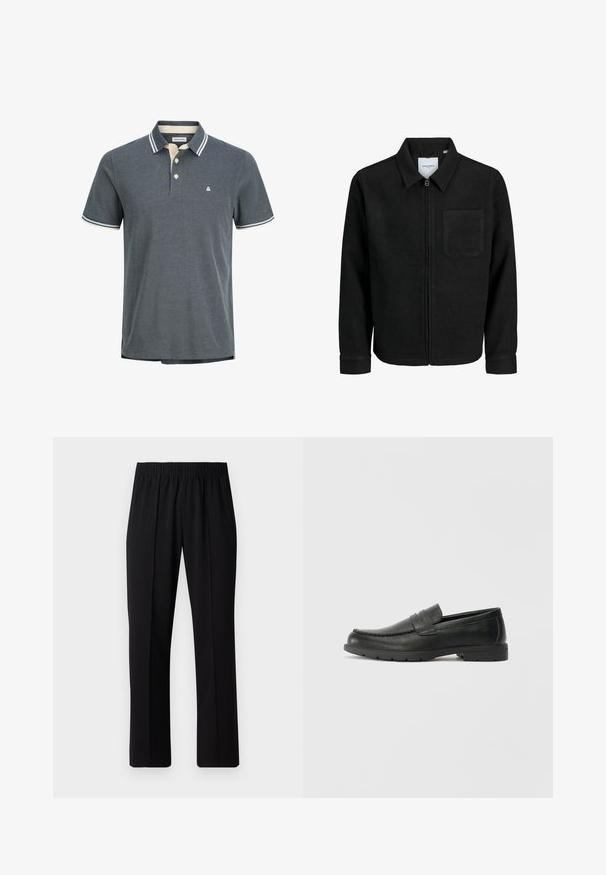 Juodas džemperis su užtrauktuku, apykakle ir vienu krūtiniu kišenėje, pristatytas baltame fone.; Vyrų polo marškiniai tamsiai pilkos spalvos su tekstūruota audinio struktūra. Apvalus apykaklė kremine spalva su mėlynomis juostelėmis ir trijų mygtukų užsegimu. Mažas logotipas ant krūtinės.; Juodos, elastingos juosmens kelnės su tiesiomis kojomis, turinčios lygų paviršių ir be matomų raštų ar detalių.; Juodai odiniai loaferiai su sklandžiu paviršiumi, mokasino stiliaus viršus, siuvinėjimu ir guminėmis padangomis. Klasikinis dizainas su žemu kulnu.