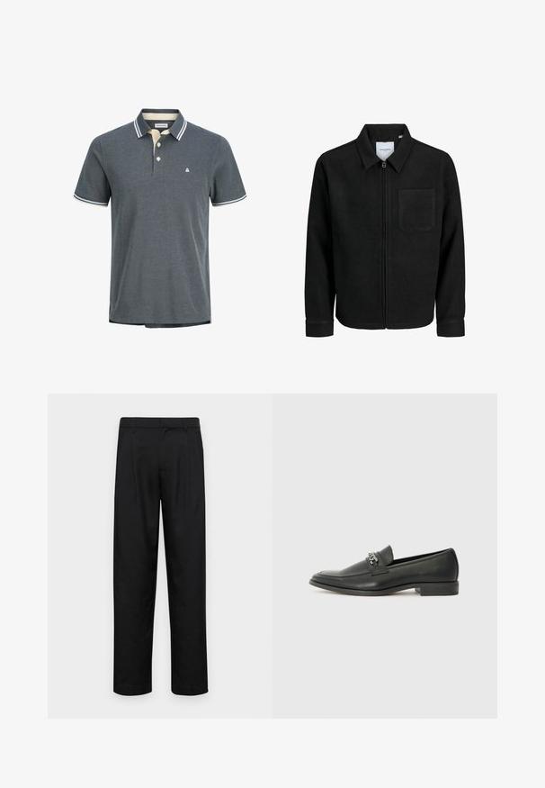 Crna jakna na zip s ovratnikom i jednim džepom na prsima, prikazana na bijeloj pozadini.; Muška polo majica tamnosive boje sa teksturiranim tkivom. Ima kremasti ovratnik sa mornarskim prugama i tri dugmeta. Mali logo na prsima.; Crne hlače od glatkog materijala, s dizajnom ravnih nogavica, dva prednja nabora i standardnim pojasom s petljama za remen.; Crna kožna loafer cipela s glatkom finišem, s ušivenim uzorkom i dekorativnim metalnim lancem preko prednjeg dijela. Ravni potplat.