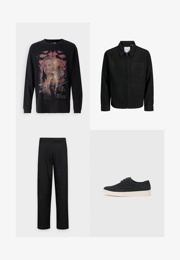 Melna jaka ar rāvējslēdzēju un apkakli, vienu krūšu kabatu, parādīta uz baltas fona.; Melns garām piedurknēm T-krekls ar krāsainu grafisko druku no "Zvaigžņu kari: I sērija - Fantoma draudi", kas attēlo dažādus varoņus un detaļas.; Melnas bikses, izgatavotas no gludas auduma, ar taisnu kāju dizainu, divām priekšējām krokām un standarta jostu, kurai ir āķi.; Melna zamšā ar auklēm, ar noapaļotu purngalu, viegla krēmkrāsas zole un smalki zila šuvēšana akcentos augšējā daļā.