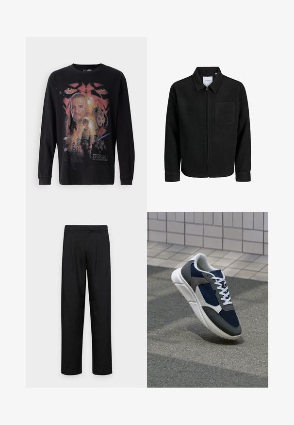 Schwarze Zip-Jacke mit Kragen und einer einzelnen Brusttasche, auf weißem Hintergrund präsentiert.; Schwarzes langärmliges T-Shirt mit einem bunten Grafikdruck aus "Star Wars: Episode I - Die dunkle Bedrohung", der verschiedene Charaktere und Details zeigt.; Schwarze Hose aus glattem Stoff, mit geradem Bein Design, zwei vorderen Falten und einem Standardbund mit Gürtelschlaufen.; Sneaker mit einem Obermaterial aus navyblauem Mesh, grauen Wildlederelementen, einer weißen Gummisohle und flachen weißen Schnürsenkeln, entworfen für Komfort und Atmungsaktivität.