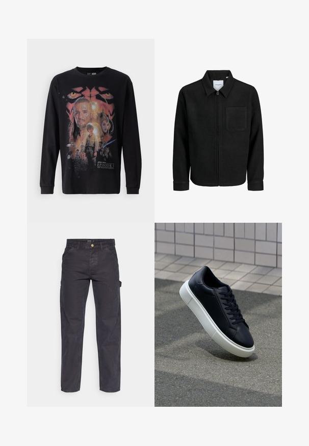 Schwarze Zip-Jacke mit Kragen und einer einzelnen Brusttasche, auf weißem Hintergrund präsentiert.; Schwarzes langärmliges T-Shirt mit einem bunten Grafikdruck aus "Star Wars: Episode I - Die dunkle Bedrohung", der verschiedene Charaktere und Details zeigt.; Dunkelgraue Cargo-Hosen aus strapazierfähigem Stoff, mit geradem Bein, fünf Taschen und einem Knopfverschluss an der Taille.; Schwarze Leder-Sneaker mit runder Zehenpartie und weißer Gummisohle. Verfügt über flache Schnürsenkel und minimale Nähte im Obermaterial. Strukturiertes Sohlenprofil für besseren Halt.