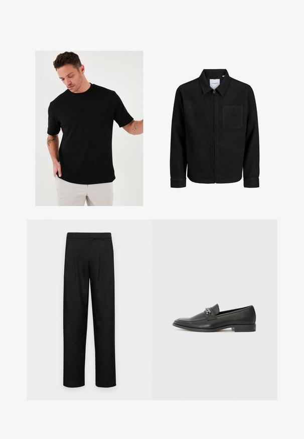 Sort lynlåsjakke med krave og en enkelt brystlomme, vist på hvid baggrund.; Sort kortærmet T-shirt lavet af tekstureret stof med rund hals, der har en afslappet pasform og minimalistisk design.; Sorte bukser lavet af glat stof, med et lige ben-design, to frontfolder og en standard talje med bæltestropper.; Sorte læder loafers med en glat finish, der har et syet design og et dekorativt metal kædeaccent hen over vamps. Flad hæl.