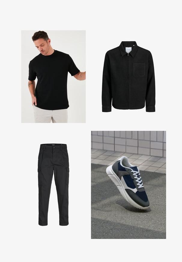 Zwarte zip-up jas met kraag en enkele borstzak, weergegeven op een witte achtergrond.; Zwarte T-shirt met korte mouwen van een geweven stof, met een ronde halslijn, heeft een relaxte pasvorm en een minimalistisch ontwerp.; Zwarte cargobroek van stevig stof, met meerdere zakken, een knoopsluiting en een slim fit ontwerp met taps toelopende benen.; Sneaker met een marineblauwe mesh bovenwerk, grijze suède accenten, witte rubberen zool en platte witte veters, ontworpen voor comfort en ademend vermogen.