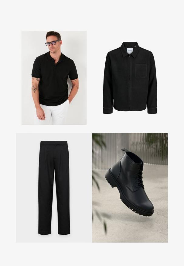 Fekete, zipzáros dzseki gallérral és egyetlen mellzsebbel, fehér háttéren.; Fekete póló, három gombos nyakkal, rövid ujjal, sima anyagból készült. A karon látható tetoválásokkal rendelkezik.; Fekete nadrág sima anyagból, egyenes szárú fazonnal, két elülső redővel és közönséges derékkal, övhurkokkal.; Fekete bőr bokacsizmák lekerekített orral, fűzős dizájnnal és strapabíró gumitalppal. Simább textúrájú, hátul húzófüllel ellátva.