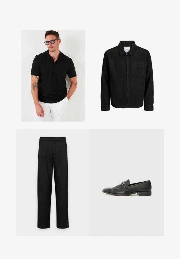 Juodas džemperis su užtrauktuku, apykakle ir vienu krūtiniu kišenėje, pristatytas baltame fone.; Juodas polo marškinėlis su trimis sagomis, trumpomis rankovėmis, pagamintas iš lygaus audinio. Rankoje matosi tatuiruotės.; Juodi kelnių modeliai, pagaminti iš lygios medžiagos, turi tiesią kojas, du priekiniai klostės ir standartinę juosmenį su diržo kilpomis.; Juodos odinės loafer tipo bateliai su lygiu paviršiumi, turintys siuvinėtą dizainą ir dekoratyvų metalo grandinėlės akcentą ant batų viršaus. Plokščias kulnas.
