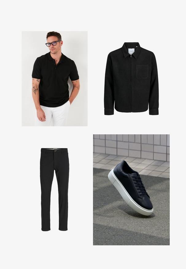 Černá zipová bunda s límečkem a jednou kapsou na hrudi, vystavená na bílém pozadí.; Černé polo tričko s knoflíkovou légou na tři knoflíky, krátkým rukávem, vyrobené z hladké látky. Zobrazuje viditelné tetování na ruce.; Černé kalhoty z bavlněné směsi s úzkým střihem, s knoflíkovým zapínáním, kapsami a ohrnutými manžetami pro uvolněný vzhled.; Černé kožené tenisky s kulatou špičkou a bílou gumovou podrážkou. mají ploché tkaničky a minimální šití na svršku. Texturovaná podrážka pro lepší přilnavost.
