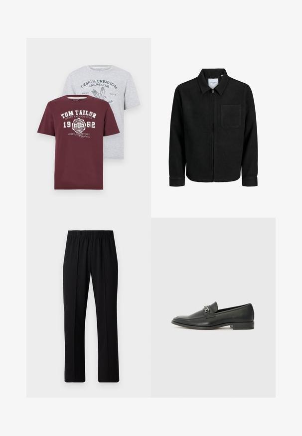 Sort lynlåsjakke med krave og en enkelt brystlomme, vist på hvid baggrund.; To T-shirts: en bordeaux med hvidt print, der fremhæver "TOM TAILOR" logo; den anden lys grå med blåt grafisk tekst og fugledesign. Korte ærmer, blanding af bomuld.; Sorte bukser med elastisk talje og lige ben, der har en glat tekstur og ingen synlige mønstre eller hardware.; Sorte læder loafers med en glat finish, der har et syet design og et dekorativt metal kædeaccent hen over vamps. Flad hæl.