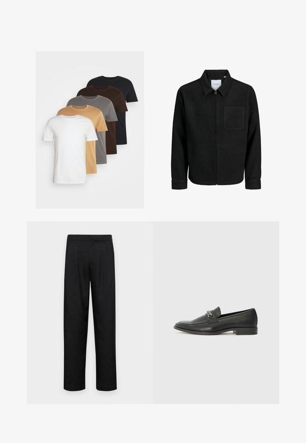 Melna jaka ar rāvējslēdzēju un apkakli, vienu krūšu kabatu, parādīta uz baltas fona.; Pieci apģērba t-krekli ar apaļu kakla izgriezumu baltā, bēšā, pelēkā, brūnā un melnā krāsā. Īsām piedurknēm, standarta izmērs, izgatavoti no mīksta kokvilnas materiāla.; Melnas bikses, izgatavotas no gludas auduma, ar taisnu kāju dizainu, divām priekšējām krokām un standarta jostu, kurai ir āķi.; Melna ādas loafer izmēra apavi ar gludu virsmu, piedāvā ar šūtu dizainu un dekoratīvu metāla ķēdes akcentu pār vampu. Plakana papēža daļa.