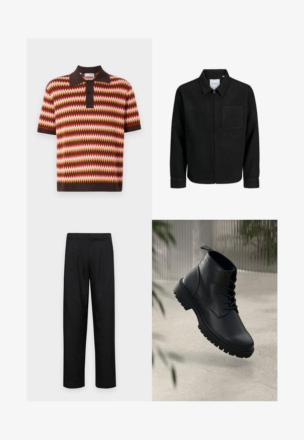 Crna jakna na zip s ovratnikom i jednim džepom na prsima, prikazana na bijeloj pozadini.; Kratki rukavi, košulja s ovratnikom u zig-zag uzorku s crvenom, narančastom, smeđom i bijelom bojom; ima tri gumba i kontrastni ovratnik.; Crne hlače od glatkog materijala, s dizajnom ravnih nogavica, dva prednja nabora i standardnim pojasom s petljama za remen.; Crne kožne čizme do gležnja s округлим prstima, čipkastim dizajnom i robusnim gumenim đonom. Glatka tekstura s trakicom na stražnjoj strani.