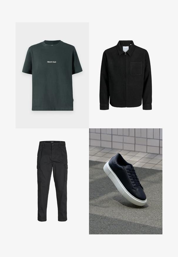 Črna jakna z zadrgo in ovratnikom ter enim žepom na prsih, prikazana na beli podlagi.; Temno zelena bombažna majica s krožnim izrezom, kratkimi rokavi in belim vezenim napisom "Original Studio" na prsih. Gladka tekstura.; Črne cargo hlače iz trdnega blaga, ki imajo več žepov, gumbasto zapiranje in ozek kroj z zožanimi nogami.; Črne usnjene superge z zaobljenim prstom in belim gumijastim podplat. Imajo ravne vezalke in minimalno šivanje na zgornjem delu. Teksturirani podplat za oprijem.