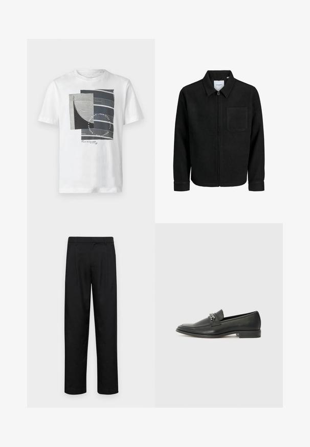 Sort lynlåsjakke med krave og en enkelt brystlomme, vist på hvid baggrund.; Hvid bomulds T-shirt med et geometrisk grafisk design i mørkegrå og sort, med linjer og teksturer samt brandets logo nederst.; Sorte bukser lavet af glat stof, med et lige ben-design, to frontfolder og en standard talje med bæltestropper.; Sorte læder loafers med en glat finish, der har et syet design og et dekorativt metal kædeaccent hen over vamps. Flad hæl.