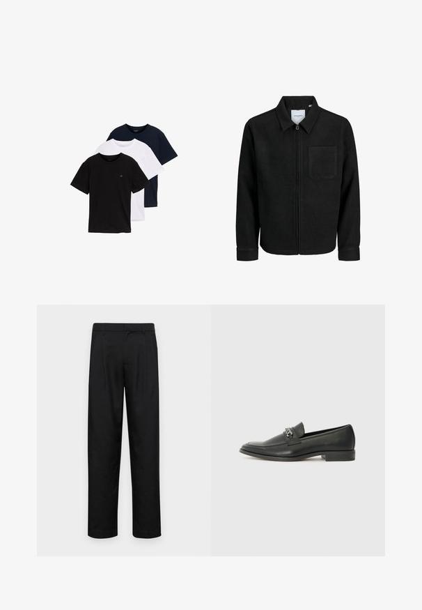 Giacca nera con zip, colletto e una tasca sul petto, mostrata su sfondo bianco.; Set di tre t-shirt a maniche corte nei colori nero, bianco e blu scuro. Realizzate in cotone, con collo rotondo e un piccolo logo sul petto.; Pantaloni neri realizzati in tessuto liscio, caratterizzati da un taglio dritto, due pieghe frontali e una vita standard con passanti per la cintura.; Mocassino in pelle nera con finitura liscia, caratterizzato da un design cucito e da un accento decorativo in catena metallica sul vamp. Tacco piatto.