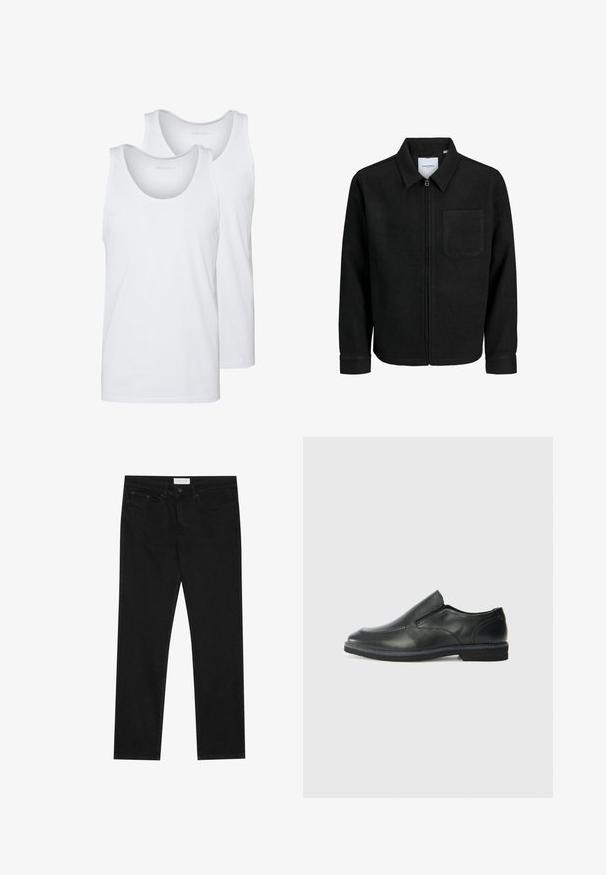 Black zip-up jacket with collar and single chest pocket, displayed on white background.; White cotton tank tops with rounded necklines, featuring a smooth texture. Two pieces displayed, labeled "PIER ONE."; Black straight-leg jeans with five-pocket design, button and zip fly closure, and a Pier One brand label on the waistband.; Black leather slip-on shoe with a smooth upper, stitched accents, rounded toe, and a low rubber heel. Sole features minimal tread.