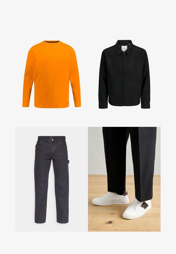 Černá zipová bunda s límečkem a jednou kapsou na hrudi, vystavená na bílém pozadí.; Dlouhý rukáv tričko v jasně oranžové bavlně, s kulatým výstřihem, jednobarevné, a jemnými švy na lemu a manžetách.; Tmavě šedé cargo kalhoty vyrobené z odolné látky, s rovnými nohavicemi, pěti kapsami a knoflíkovým zapínáním v pase.; Bílé tenisky s hladkým povrchem, s hnědými koženými akcenty a černými detaily, kombinované s černými kalhotami na míru. Pozadí tvoří dřevěná podlaha.