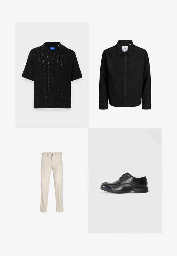 Fekete, zipzáros dzseki gallérral és egyetlen mellzsebbel, fehér háttéren.; Fekete kötött pólóing rövid ujjakkal, V-kivágással, nyitott mintázattal és bordázott mandzsettákkal. Címke látható a gallér belsejében.; Beige pamut nadrág, egyenes fazonnal, gombos zipzárral, elülső zsebekkel és varrott varratokkal. Sima textúra, minimális részletezés és minta nélküli.; Fekete bőr fűzős cipők lekerekített orral, sima felülettel és alacsony sarokkal. A felsőrészen és az oldalakon varrási részletek találhatók.