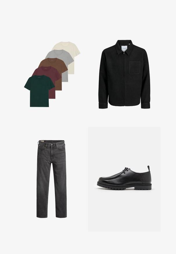 Sort lynlåsjakke med krave og en enkelt brystlomme, vist på hvid baggrund.; Fem crew neck t-shirts i forskellige farver: mørkegrøn, burgunder, brun, lys grå og creme; alle har korte ærmer og en glat tekstur.; Mørkegrå denim jeans med lige ben, fem lommer og kobbernitter. Klassisk design med en let falmet struktur.; Sort læder snøresko med en robust sål og en pull tab ved hælen, vist fra siden på en hvid baggrund.
