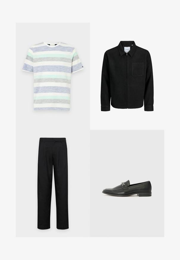 Czarna kurtka z zamkiem na całej długości, z kołnierzem i jedną kieszenią na piersi, umieszczona na białym tle.; Pasiasty T-shirt w białym kolorze, z poziomymi pasami w jasnoniebieskim, miętowym, szarym i ciemnoniebieskim kolorze. Krótkie rękawy i okrągły dekolt.; Czarne spodnie wykonane z gładkiego materiału, z prostą nogawką, dwoma fałdami z przodu oraz standardowym paskiem z wypustkami na pasek.; Czarne skórzane mokasyny o gładkim wykończeniu, z haftowanym wzorem i dekoracyjnym akcentem z metalowego łańcucha na wierzchu. Płaska pięta.