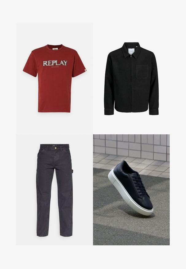 Chaqueta negra con cremallera y cuello, con un solo bolsillo en el pecho, expuesta sobre un fondo blanco.; Camiseta de algodón roja con mangas cortas, que presenta un logotipo de texto blanco "REPLAY" en un estilo desgastado y "NINETEEN EIGHTYONE" debajo.; Pantalones cargo de color gris oscuro, confeccionados con un tejido duradero, que presentan un corte recto, cinco bolsillos y un cierre de botón en la cintura.; Zapatilla de cuero negro con punta redonda y suela de goma blanca. Presenta cordones planos y un mínimo de costuras en la parte superior. Suela texturizada para proporcionar agarre.