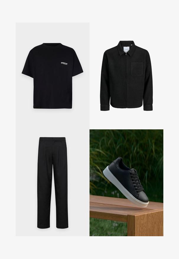 Melna jaka ar rāvējslēdzēju un apkakli, vienu krūšu kabatu, parādīta uz baltas fona.; Melna kokvilnas T krekls ar apaļu kaklu, īsām piedurknēm un baltu logo detaļu kreisajā krūšu daļā. Vienkāršs, neizsmalcināts dizains.; Melnas bikses, izgatavotas no gludas auduma, ar taisnu kāju dizainu, divām priekšējām krokām un standarta jostu, kurai ir āķi.; Melnās ādas sporta apavi ar gludu tekstūru, baltu gumijas zoli un sešiem caurumiem šņorešanai, novietoti uz koka virsmas.