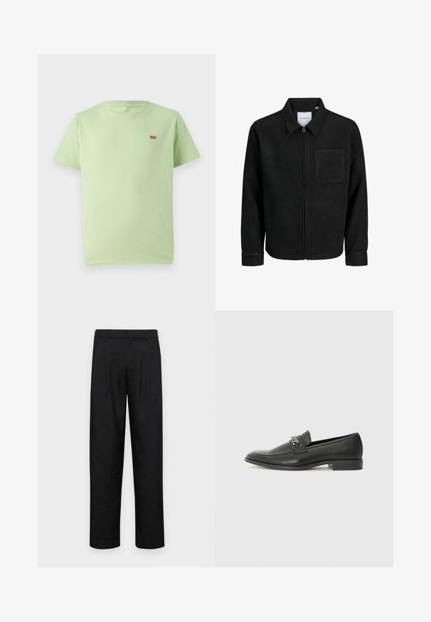 Mustaga lukuga jakker, millel on krae ja üks rinna-tasku, esitatud valgel taustal.; Heled roheline puuvillane T-särk, millel on ümmargune kaelus, lühikesed varrukad ja väike punane Levi'si logo tikitud vasakus ülanurgas. Pehme tekstuur.; Mustad mustadest riietest, millel on sirge jalgade disain, kaks eesmist voltimist ja tavaline vöökoht, millel on vöökohad.; Must haveate nahkking punased, millel on sile viimistlus, tikitud muster ja dekoratiivne metallkett vampi üle. Tasane konts.