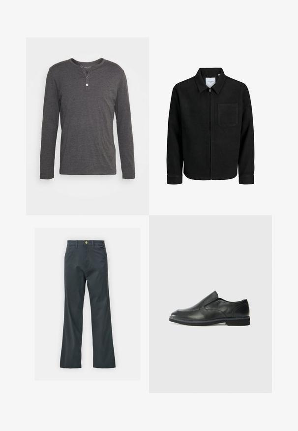 Schwarze Zip-Jacke mit Kragen und einer einzelnen Brusttasche, auf weißem Hintergrund präsentiert.; Langärmliges, dunkelgraues Henley-Shirt aus weichem Stoff, mit rundem Ausschnitt, drei Knöpfen und normaler Passform.; Schwarze Hose mit geradem Bein, aus einem Baumwollmix. Verfügt über einen Metallknopfverschluss und seitliche Taschen. Keine sichtbaren Muster.; Schwarze Leder-Slipper mit glattem Obermaterial, gesteppten Akzenten, runder Zehenpartie und niedrigem Gummiabsatz. Die Sohle hat ein minimales Profil.