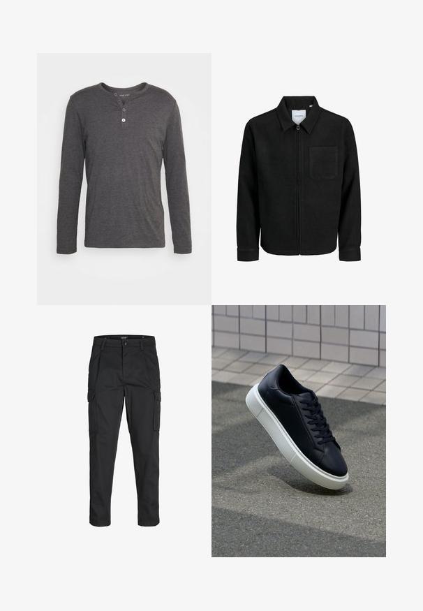 Svart zip-jacka med krage och en enda bröstficka, visad på vit bakgrund.; Mörkgrå långärmad henley-tröja i mjukt material, med rundad halsringning, treknapps bröstficka och normal passform.; Svarta cargobyxor tillverkade av hållbart tyg, med flera fickor, knappstängning och en smal passform med avsmalnande ben.; Svart lädersneaker med rundad tå och vit gummisula. Har platta snören och minimal sömnad på ovansidan. Texturerad sula för grepp.