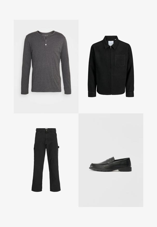 Giacca nera con zip, colletto e una tasca sul petto, mostrata su sfondo bianco.; Maglietta henley a maniche lunghe, grigio scuro, realizzata in tessuto morbido, con scollatura rotonda, chiusura a tre bottoni e vestibilità regolare.; Pantaloni cargo neri in tessuto misto cotone. Presentano gambe ampie, tasche anteriori oblique e una tasca laterale con un anello per accessori.; Mocassini neri in pelle con una finitura liscia, parte superiore in stile mocassino, dettagli cuciti e suola in gomma. Design classico con tacco basso.