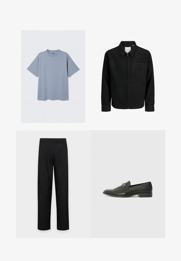 Zwarte zip-up jas met kraag en enkele borstzak, weergegeven op een witte achtergrond.; Lichtblauw T-shirt met korte mouwen, gemaakt van soepele katoen, met een ronde halslijn en een ontspannen pasvorm; heeft minimale stikdetails.; Zwarte broeken van gladde stof, met een recht model, twee voorknikken en een standaard tailleband met riemlussen.; Zwarte leren instapper met een gladde afwerking, voorzien van een gestikt ontwerp en een decoratieve metalen kettingaccent over de wreef. Platte hak.
