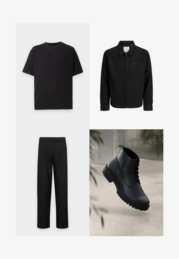 Giacca nera con zip, colletto e una tasca sul petto, mostrata su sfondo bianco.; T-shirt nera a maniche corte con colletto a girocollo, caratterizzata da una superficie testurizzata e una vestibilità comoda.; Pantaloni neri realizzati in tessuto liscio, caratterizzati da un taglio dritto, due pieghe frontali e una vita standard con passanti per la cintura.; Stivali alla caviglia in pelle nera con punta arrotondata, design con lacci e suola in gomma robusta. Texture liscia con una linguetta sul retro.