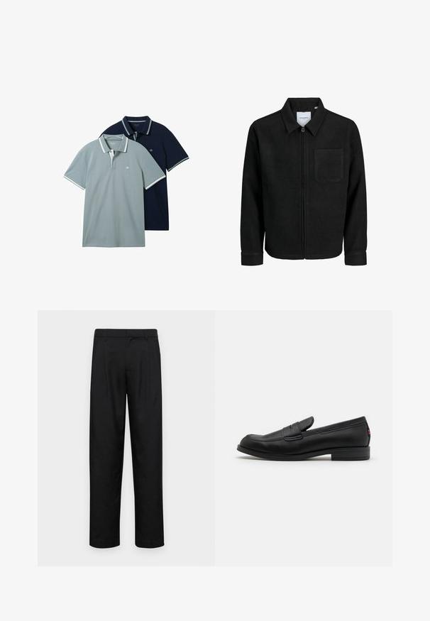 Črna jakna z zadrgo in ovratnikom ter enim žepom na prsih, prikazana na beli podlagi.; Dve polo majice: ena svetlo siva, ena temno modra. Obe imata kontrastne bele obrobe na ovratniku in rokavih ter subtilno teksturo.; Črne hlače iz gladkega materiala, s krojem ravne noge, dvema sprednjima pregiboma in standardnim pasom z zankami za pas.; Črne usnjene mokasine z gladko površino, zaobljenim nosom in majhnim okrasnim preklopom. Imajo nizek zložen peto in subtilen detajl blagovne znamke.