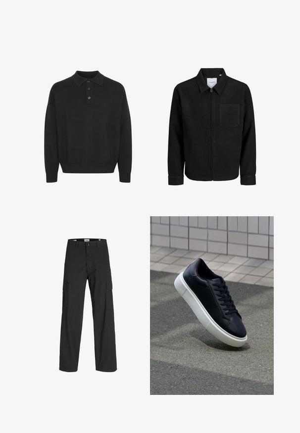 Mustaga lukuga jakker, millel on krae ja üks rinna-tasku, esitatud valgel taustal.; Solid SDNAHIM - Pikkade varrukatega topp - true black; Mustad mustad püksid, millel on lõdva istuvus, valmistatud puuvillast. Omab kahte küljetaskut ja nupuga sulgemist, loodud funktsionaalsuse ja mugavuse tagamiseks.; Mustast nahast tennisetoss, millel on ümar nina ja valge kummist tall. Omab siredaid paelu ja minimaalset õmblemist ülemises osas. Tekstuuriga tald, mis tagab haakuvuse.