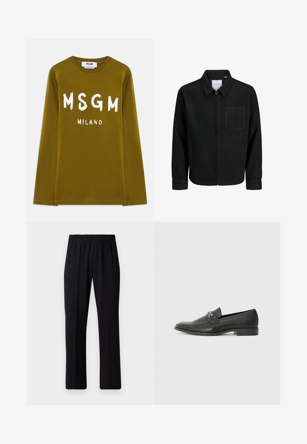 Schwarze Zip-Jacke mit Kragen und einer einzelnen Brusttasche, auf weißem Hintergrund präsentiert.; Olivenfarbendes langärmliges T-Shirt aus Baumwolle mit großen weißen "MSGM"- und "MILANO"-Schriftzügen auf der Vorderseite. ; Schwarze, Gummibund-Hosen mit geradem Schnitt, die eine glatte Textur aufweisen und keine sichtbaren Muster oder Beschläge haben.; Schwarzer Lederloafer mit glatter Oberfläche, ausgestattet mit einer gesteppten Gestaltung und einem dekorativen Metallkettendetail über dem Vorderblatt. Flacher Absatz.