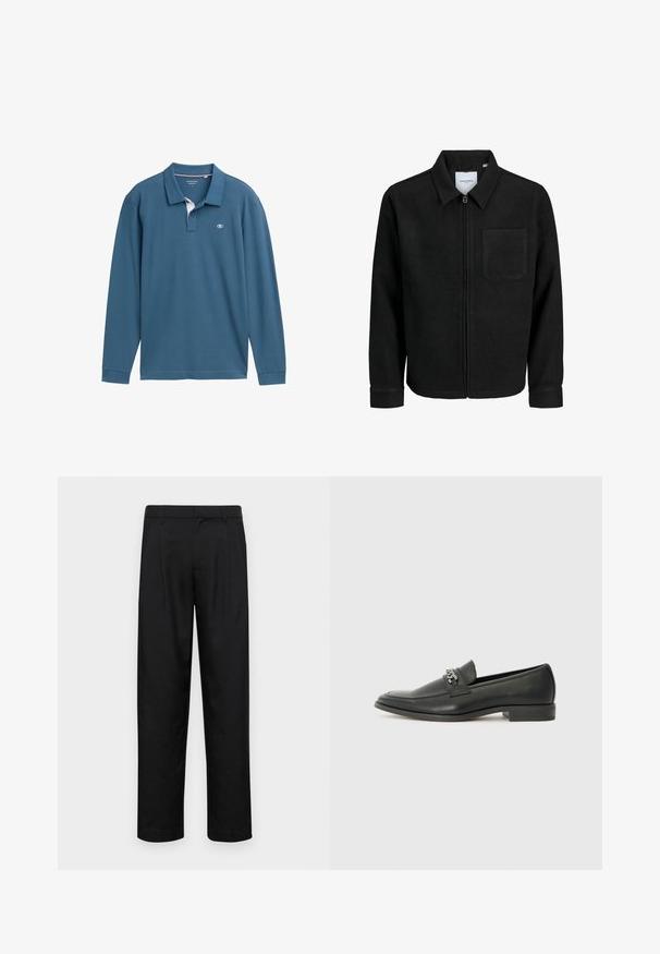 Melna jaka ar rāvējslēdzēju un apkakli, vienu krūšu kabatu, parādīta uz baltas fona.; Garā piedurkņu polo stila krekls izgatavots no zaļgandzila kokvilnas, ar baltu apakšizekļa daļu, trim pogām un mazu logotipu uz krūtīm.; Melnas bikses, izgatavotas no gludas auduma, ar taisnu kāju dizainu, divām priekšējām krokām un standarta jostu, kurai ir āķi.; Melna ādas loafer izmēra apavi ar gludu virsmu, piedāvā ar šūtu dizainu un dekoratīvu metāla ķēdes akcentu pār vampu. Plakana papēža daļa.