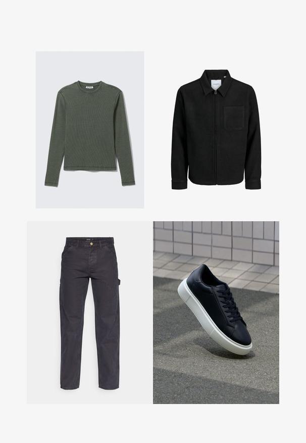 Zwarte zip-up jas met kraag en enkele borstzak, weergegeven op een witte achtergrond.; Lange mouwen, geribbelde top in donkergroen, met een ronde halslijn en rechte zoom. Gemaakt van zachte stof, met minimale naden en geen zichtbare patronen.; Donkergrijze cargobroek van duurzaam materiaal, met een rechte pijp, vijf zakken en een knoopsluiting in de taille.; Zwarte leren sneaker met een ronde neus en een witte rubberen zool. Voorzien van platte veters en minimale stiksels op het bovenwerk. Textuurrijke zool voor grip.