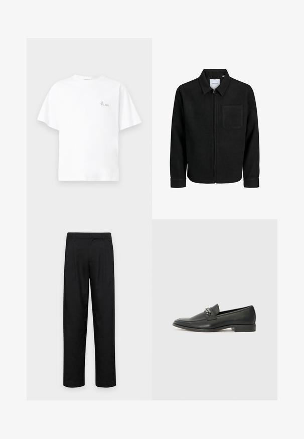 Melna jaka ar rāvējslēdzēju un apkakli, vienu krūšu kabatu, parādīta uz baltas fona.; Balta kokvilnas T-kreklā ar brīvu piegriezumu, apaļu kaklu, īsām piedurknēm un mazu izšūtu "La Bellavista" logo uz krūts.; Melnas bikses, izgatavotas no gludas auduma, ar taisnu kāju dizainu, divām priekšējām krokām un standarta jostu, kurai ir āķi.; Melna ādas loafer izmēra apavi ar gludu virsmu, piedāvā ar šūtu dizainu un dekoratīvu metāla ķēdes akcentu pār vampu. Plakana papēža daļa.
