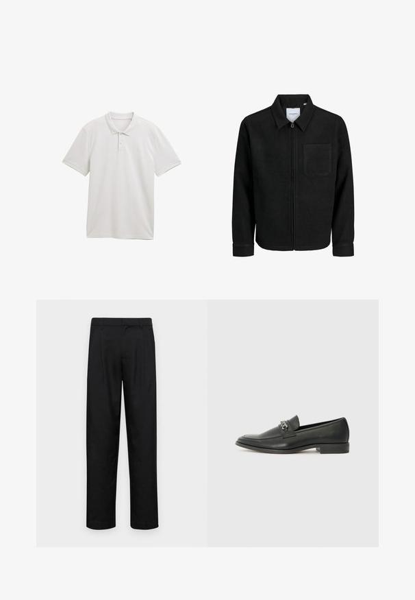 Črna jakna z zadrgo in ovratnikom ter enim žepom na prsih, prikazana na beli podlagi.; Bela polo majica kratkih rukavov s klasičnim ovratnikom, zapenjanjem na dva gumbka in diskretno teksturno vzorčenje na tkanini. Enostaven dizajn brez logotipov.; Črne hlače iz gladkega materiala, s krojem ravne noge, dvema sprednjima pregiboma in standardnim pasom z zankami za pas.; Črni usnjeni loafer z gladko površino, ki ima šivano zasnovo in dekorativni kovinski verižni naglas preko vampirja. Ravno peto.