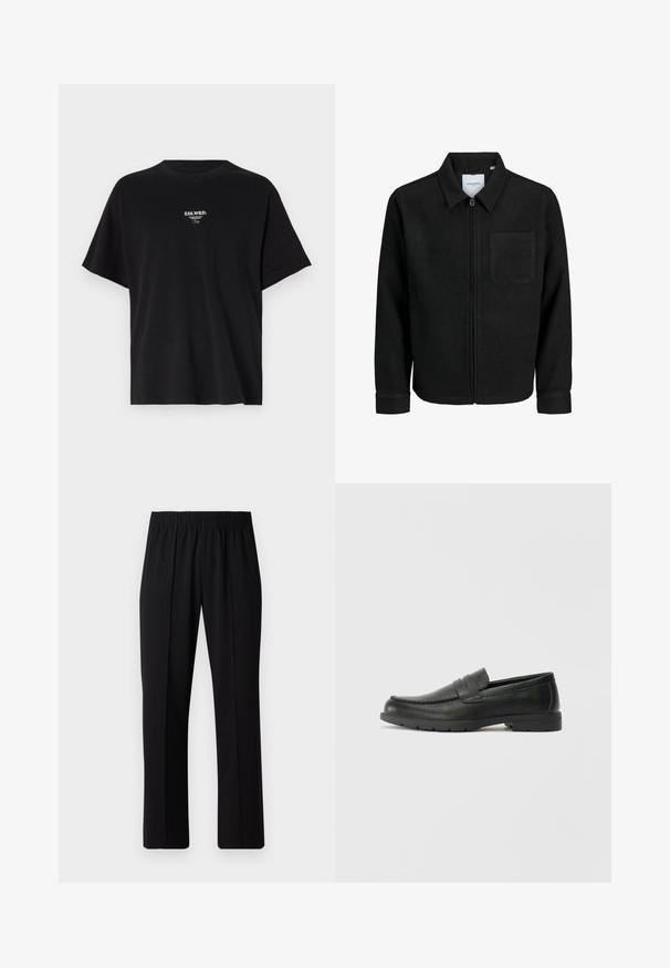 Fekete, zipzáros dzseki gallérral és egyetlen mellzsebbel, fehér háttéren.; Fekete pamut póló laza szabású, rövid ujjú, kerek nyakú. Elöl fehér szöveges nyomtatás található "ESS.WRD.", és egyszerű kialakítása van.; Fekete, gumíros derekú nadrág egyenes szabással, sima felülettel, látható minták vagy fémrészek nélkül.; Fekete bőr mokaszinok sima felülettel, a mokaszin stílusú felsőrésszel, varrott részletezéssel és gumitalppal. Klasszikus dizájn alacsony sarokkal.
