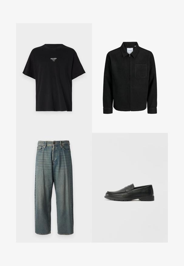 Čierna zipsová bunda s golierom a jednou náprsníkou, vystavená na bielom pozadí.; Čierne bavlnené tričko s voľným strihom, krátkymi rukávmi a okrúhlym výstrihom. Na prednej strane sa nachádza biely potlač "ESS.WRD." a jednoduchý dizajn.; Svetlomodré denimové nohavice so voľným strihom, stredne vysokým pásom a rovnými nohavicami. Obsahujú päť vreciek, pútka na opasok a zapínanie na gombík.; Čierne kožené mokasíny s hladkým povrchom, vrchnou časťou v štýle mokasín, prešitým detailom a gumovou podrážkou. Klasický dizajn s nízkym podpätkom.