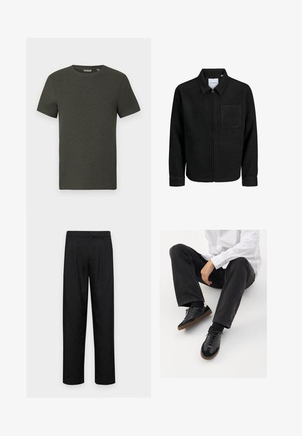 Chaqueta negra con cremallera y cuello, con un solo bolsillo en el pecho, expuesta sobre un fondo blanco.; Camiseta de manga corta de color verde oscuro con escote redondo, fabricada en material acanalado; presenta un diseño simple y minimalista sin patrones.; Pantalones negros de tela suave, con un diseño de pierna recta, dos pliegues frontales y una cintura estándar con trabillas para el cinturón.; Zapatillas negras con una parte superior suave y texturizada, que cuentan con una suela de goma y cordones oscuros. Combinadas con jeans negros y una camisa blanca a rayas.